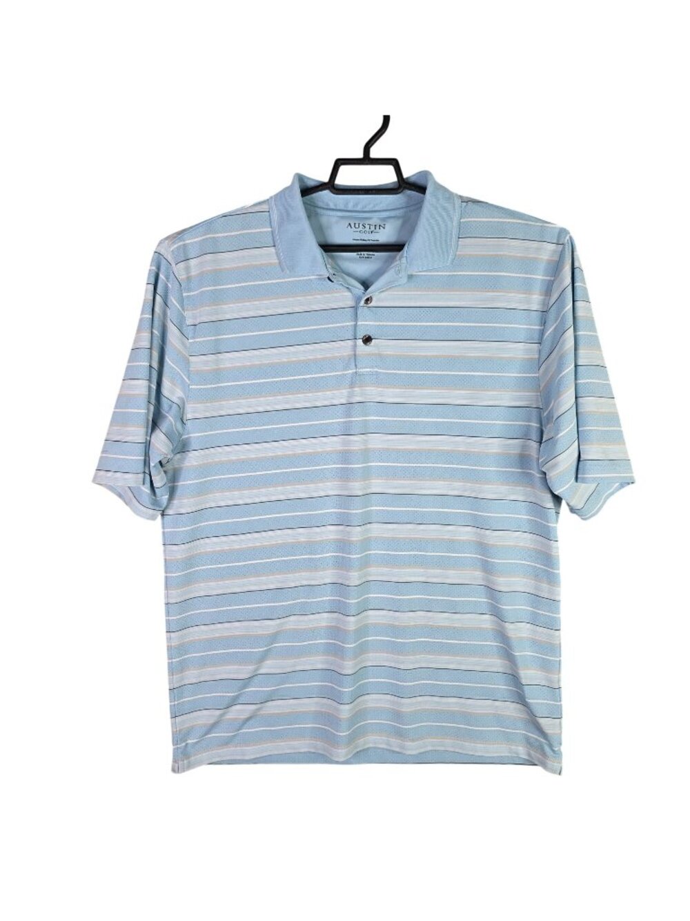 Mens Austin Golf Blue White Striped Polo Shirt Polyester Blend Stretch Size L